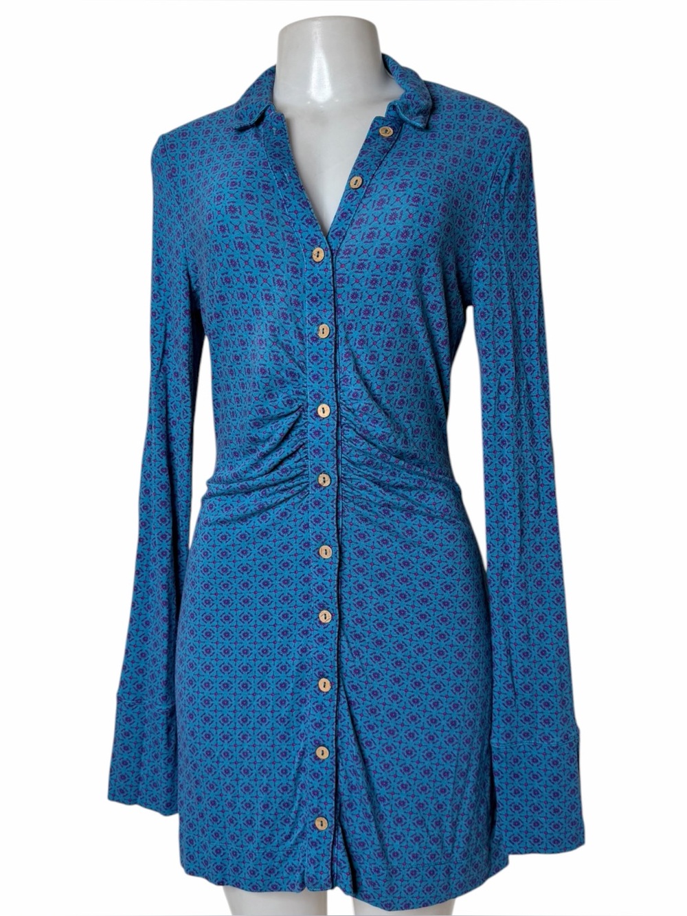 Free People Blue Printed Ruched Button Front Mini Dress Boho Fairy Grunge XS